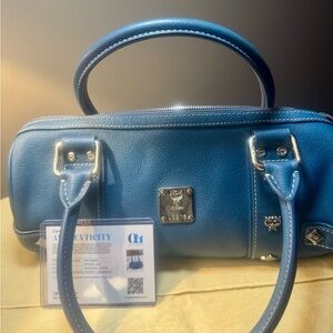 Blue MCM Boston shoulder Leather Handbag.